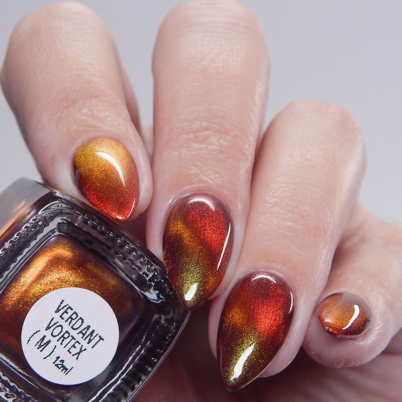 Verdant Vortex - An orange magnetic nail polish with shimmer