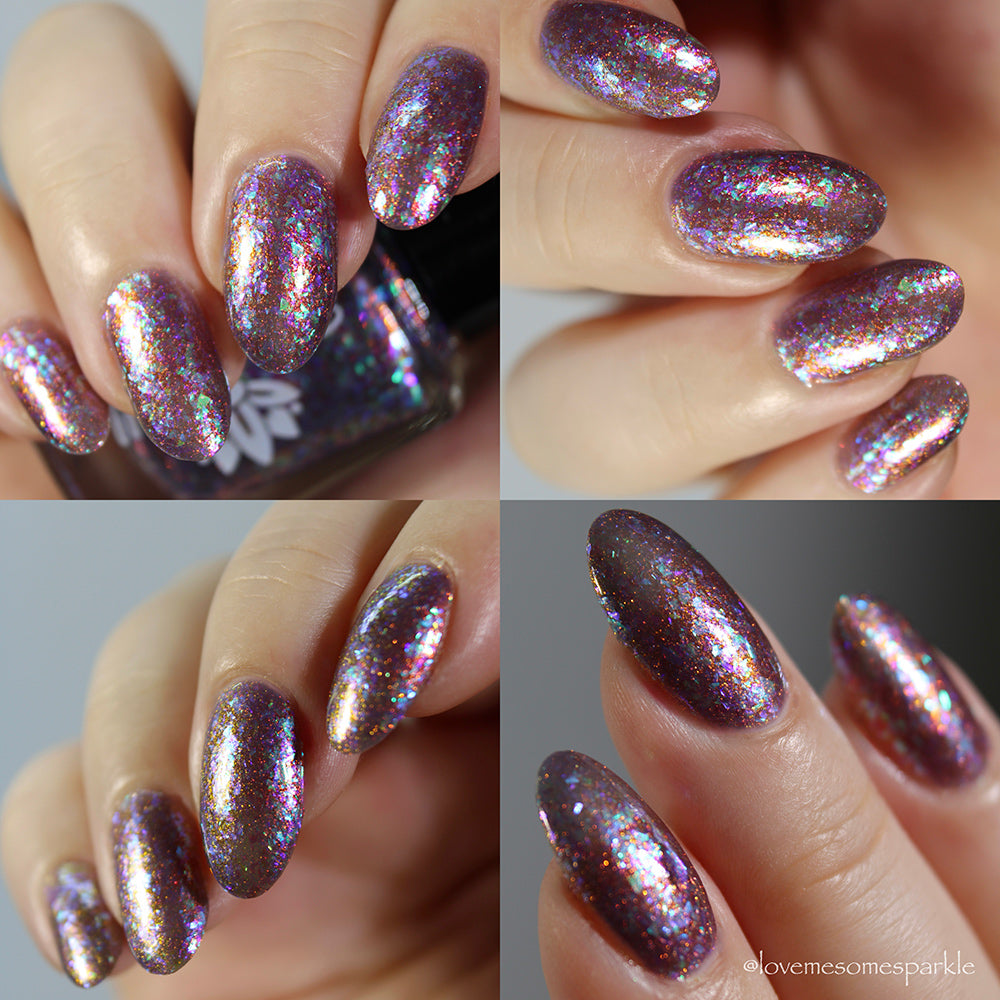 Turn Around - A dusty purple base with shimmer and flakes